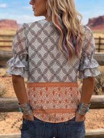 Vintage Art Print Comfortable Summer Fabrics Puff Sleeve Casual Shirt