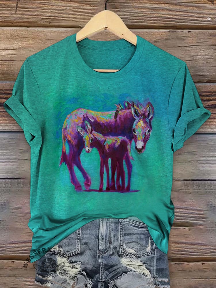 Retro Donkey Art Print Casual T-shirt