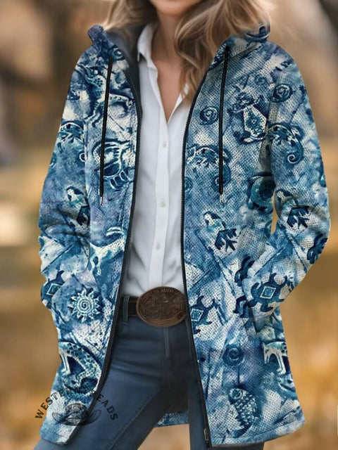 Aztec Print Unisex Plush Thick Long-sleeved Cardigan Coat