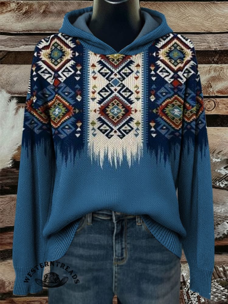 Women's Vintage Aztec Print Henley Neck Sweater Top