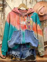 Retro Horse Print Casual Cotton Patchwork Hooded Zip-up Sweatshirt