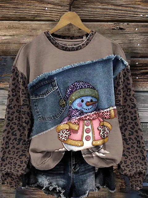 Snowman Patchwork Leopard Print Denim Vision Casual Cotton Sweatshirt