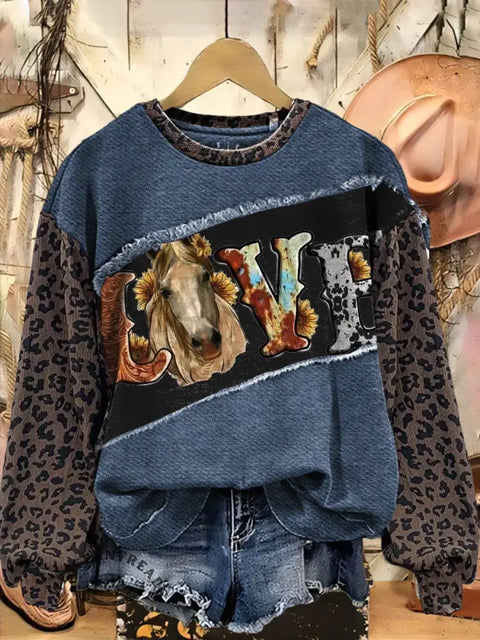 Retro Western Live Print Casual Cotton Leopard Print Sweatshirt