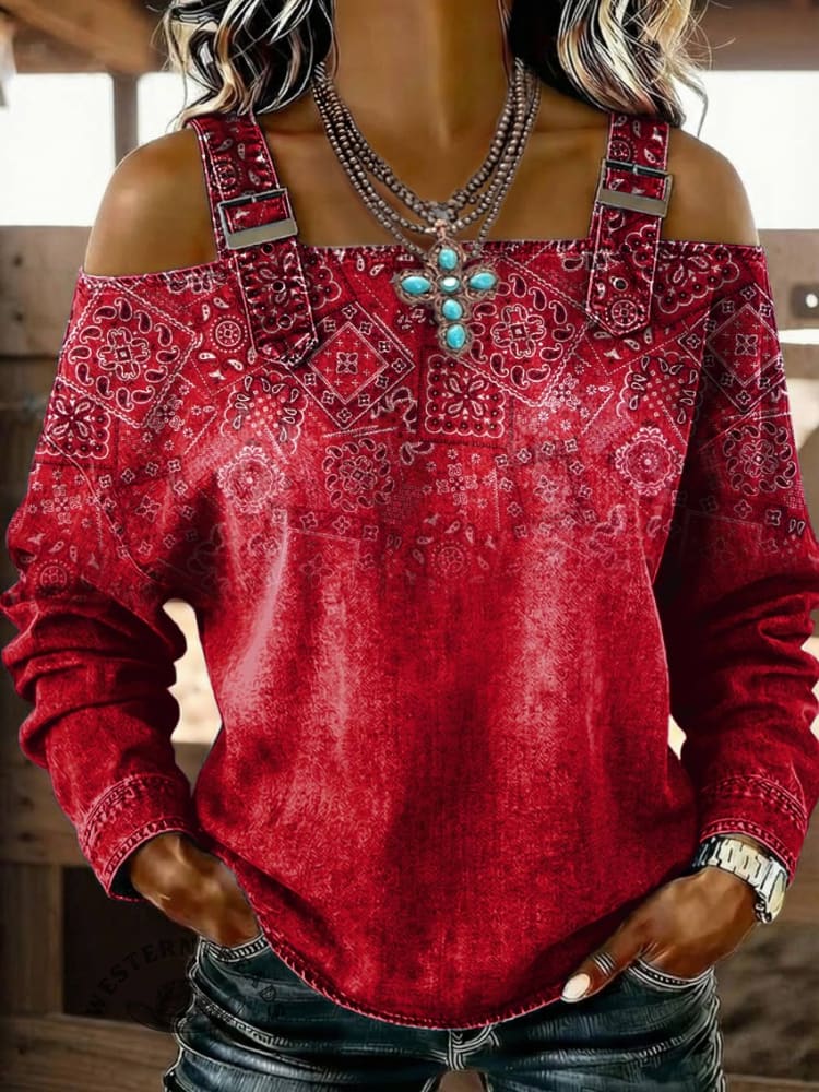 Women‘s Paisley Print Casual Cotton Denim Shirt