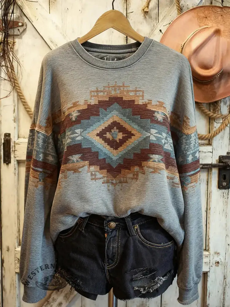Vintage Aztec Art Print Casual Sweatshirt