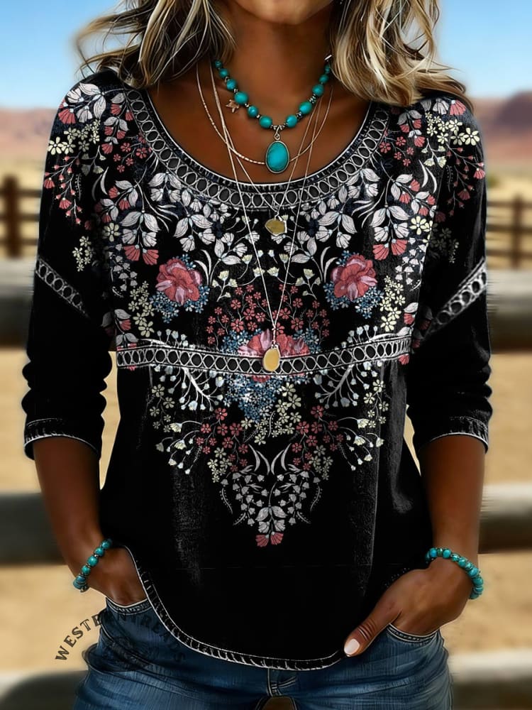Women's Floral Print Casual Hollow Denim Shirt