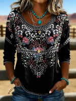 Women's Floral Print Casual Hollow Denim Shirt