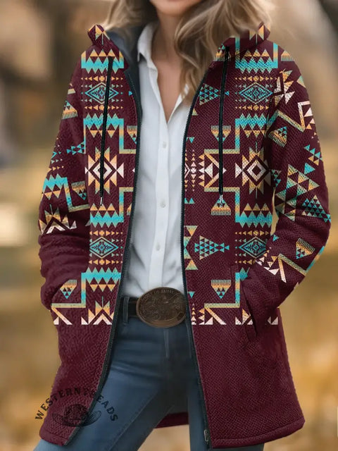 Aztec Print Unisex Plush Thick Long-Sleeved Cardigan Coat