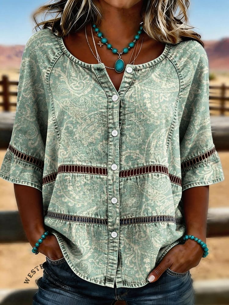 Women's Vintage Floral Print Casual Hollow-Out Denim Shirt