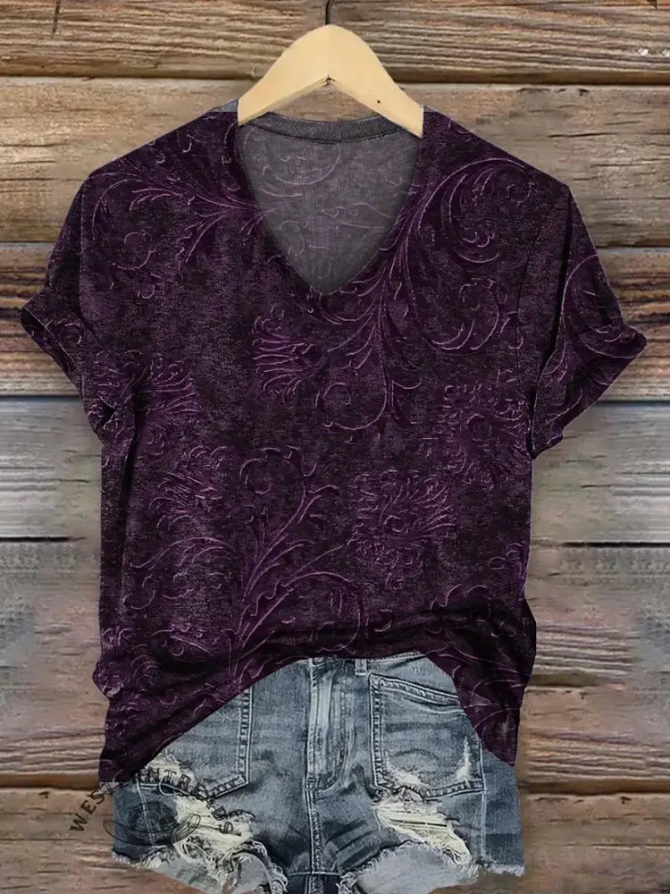 Retro Floral Print V-neck T-shirt