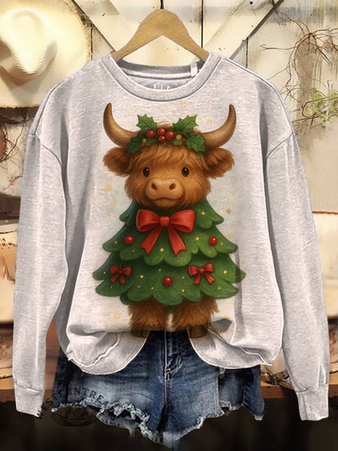 Highland Cow Print Casual Cotton Sweatshirt