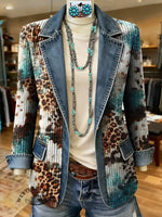 Leopard Art Print Patchwork Denim Sweater Cardigan Coat