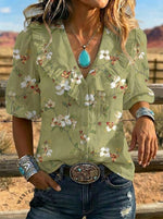 Women's Retro Floral Art Puff Sleeve Casual Shirt