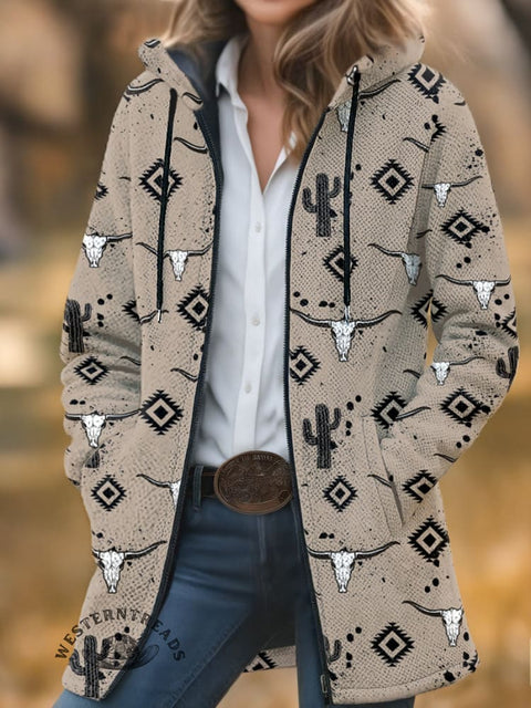 Aztec Print Unisex Plush Thick Long-Sleeved Cardigan Coat