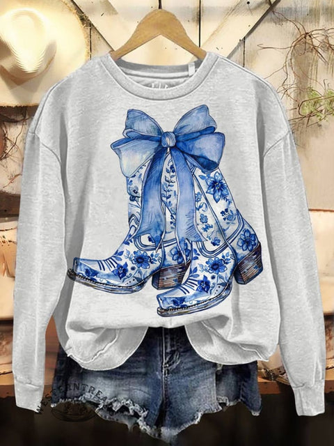 Western Boots Print Casual Cotton Sweatshirt