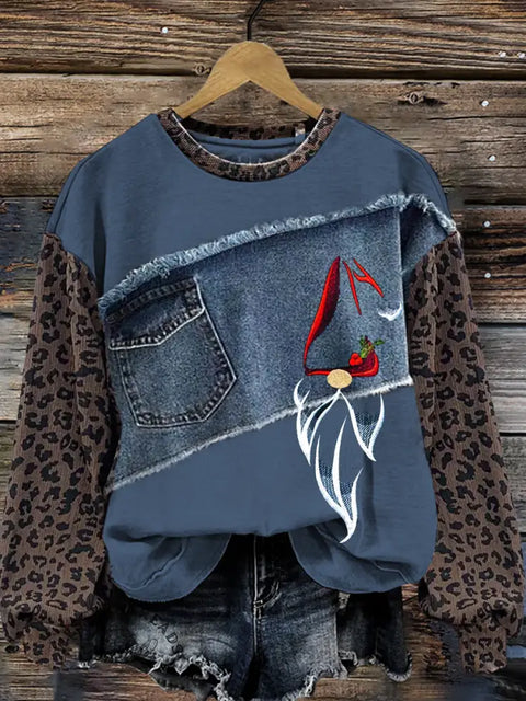 Santa Claus Leopard Print Denim Patchwork Casual Cotton Sweatshirt