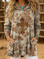 Vintage Cross Art Print Casual Knitted Pocket Hooded Tunic Top