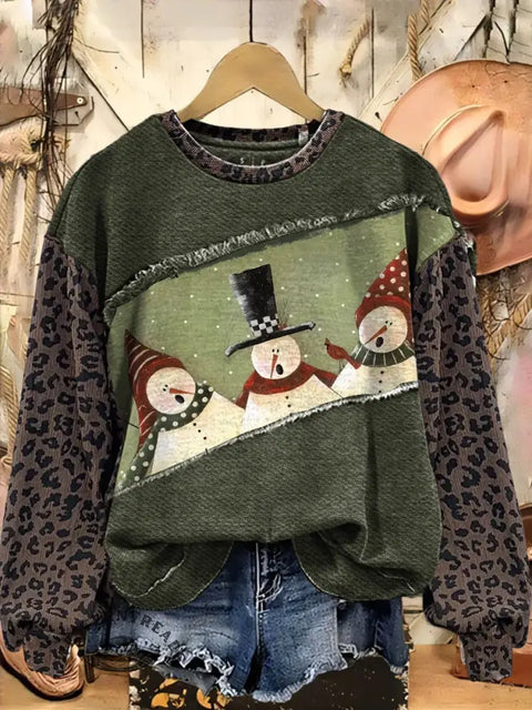 Retro Snowman Print Casual Cotton Leopard Print Christmas Sweatshirt
