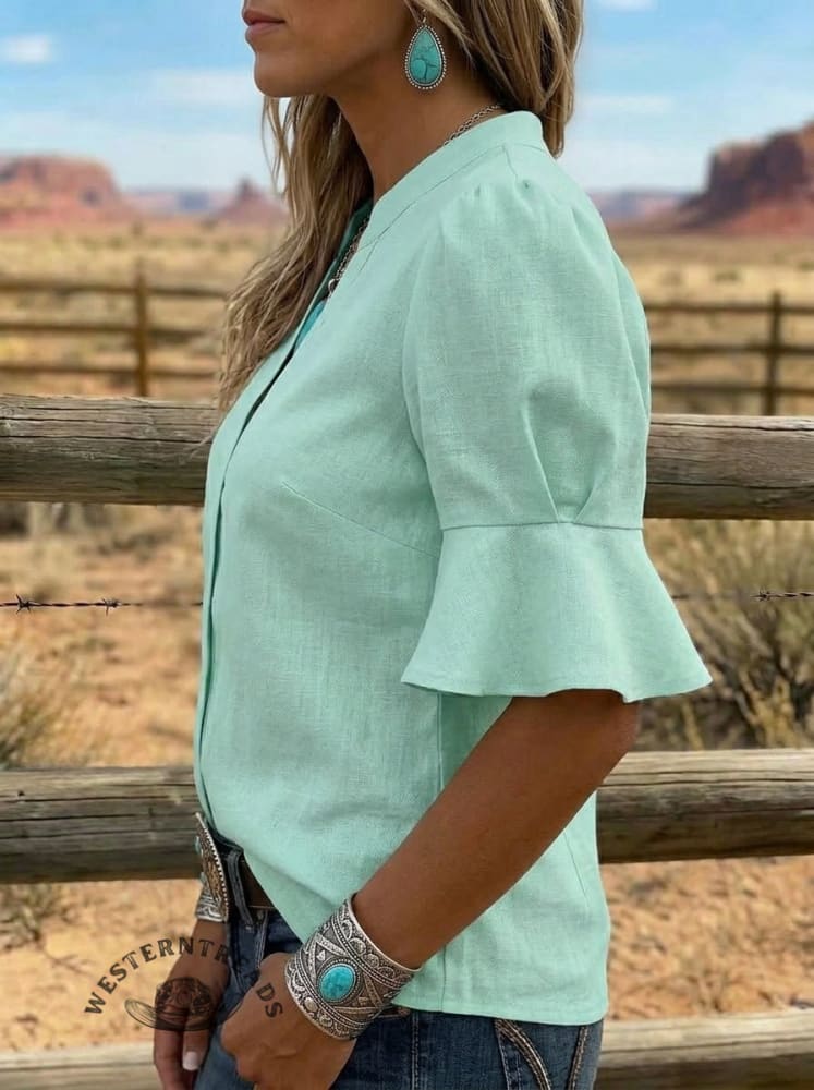 Women's Retro Lapel Puff Sleeve Ruffle Casual Shirt
