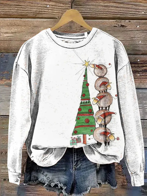 Retro Christmas Tree And Sheep Casual Cotton Sweatshirt