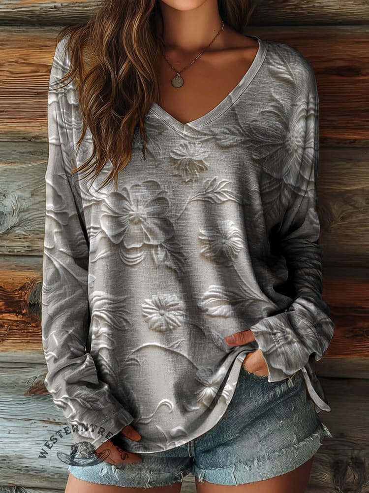 100% Cotton🍃Women's Floral Art Print Casual V-neck Long Sleeve T-shirt