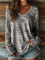 100% Cotton🍃Women's Floral Art Print Casual V-neck Long Sleeve T-shirt