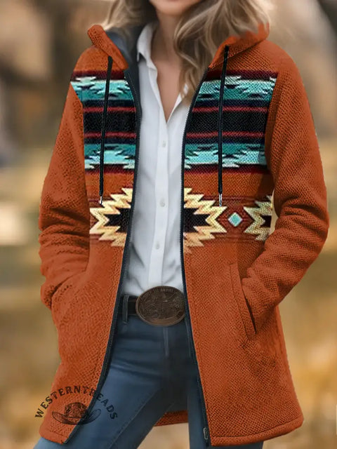 Aztec Print Unisex Plush Thick Long-sleeved Sweater Cardigan Coat