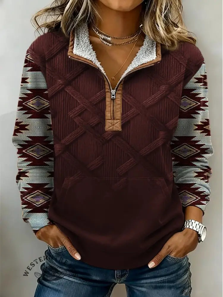 Aztec Knitting Pattern Print Casual Half-zip Cotton Patchwork Sweatshirt