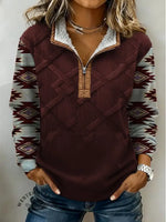 Aztec Knitting Pattern Print Casual Half-zip Cotton Patchwork Sweatshirt
