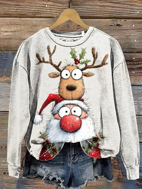 Funny Santa Claus and deer Casual Cotton Sweatshirt