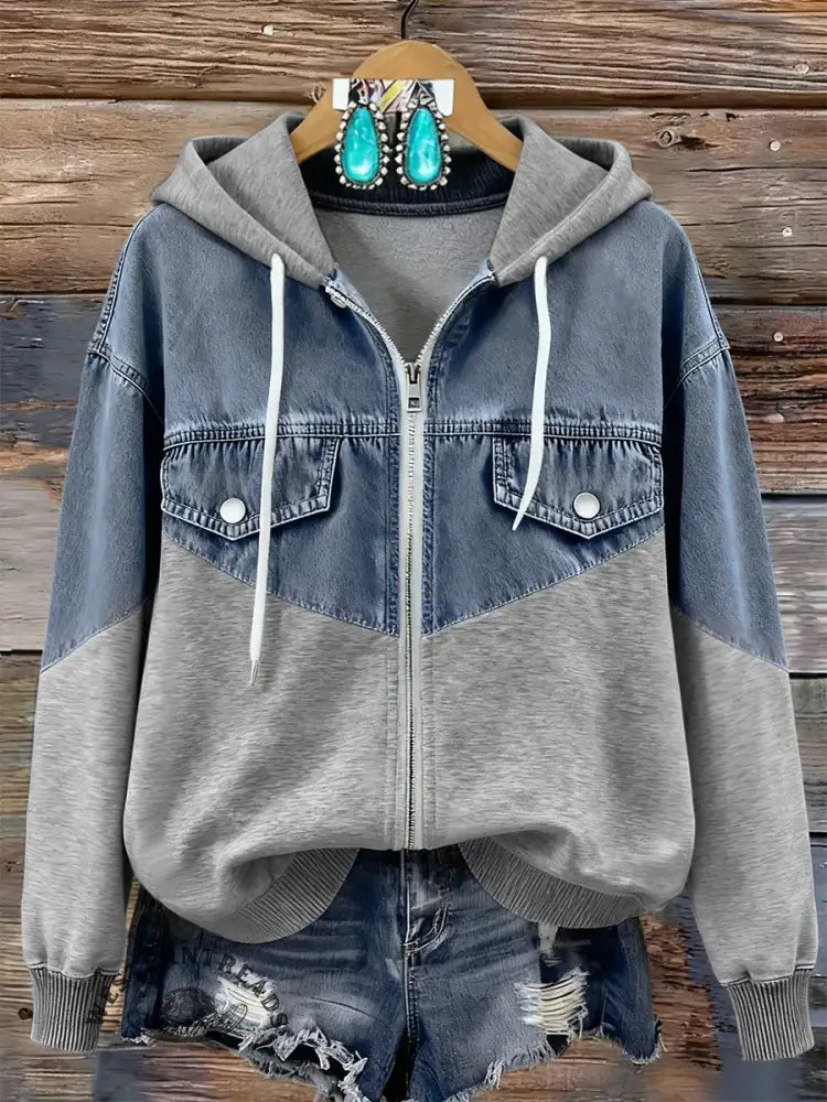 Casual Patchwork Denim Hooded Zip-up Cotton Sweatshirt