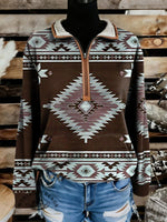Retro Aztec Print Casual Half-zip Cotton Sweatshirt