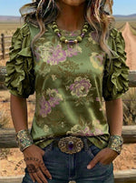 Vintage Floral Print Casual Ruffle Sleeve Top
