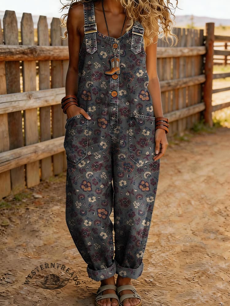 Women's Vintage Floral Print Casual Denim Jumpsuit