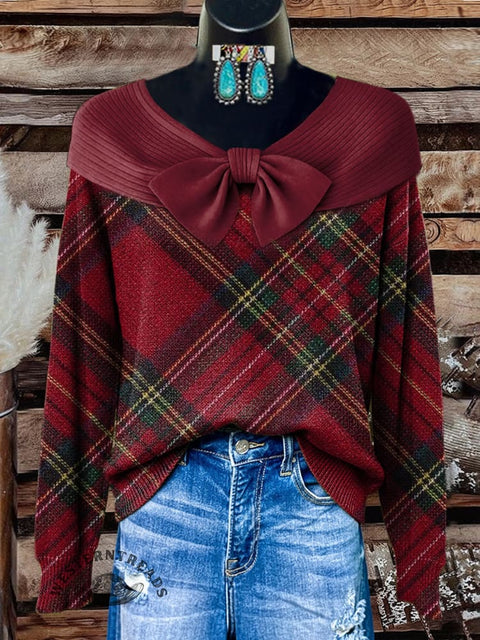 Christmas Plaid Women's Retro Floral Print Casual Sweater