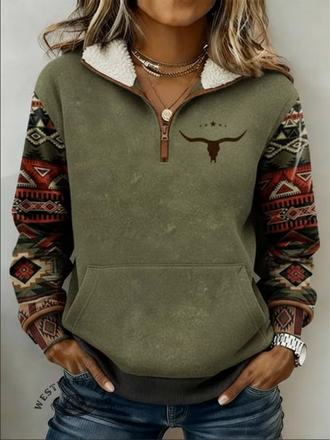Casual Aztec Half-Zip Cotton Sweatshirt