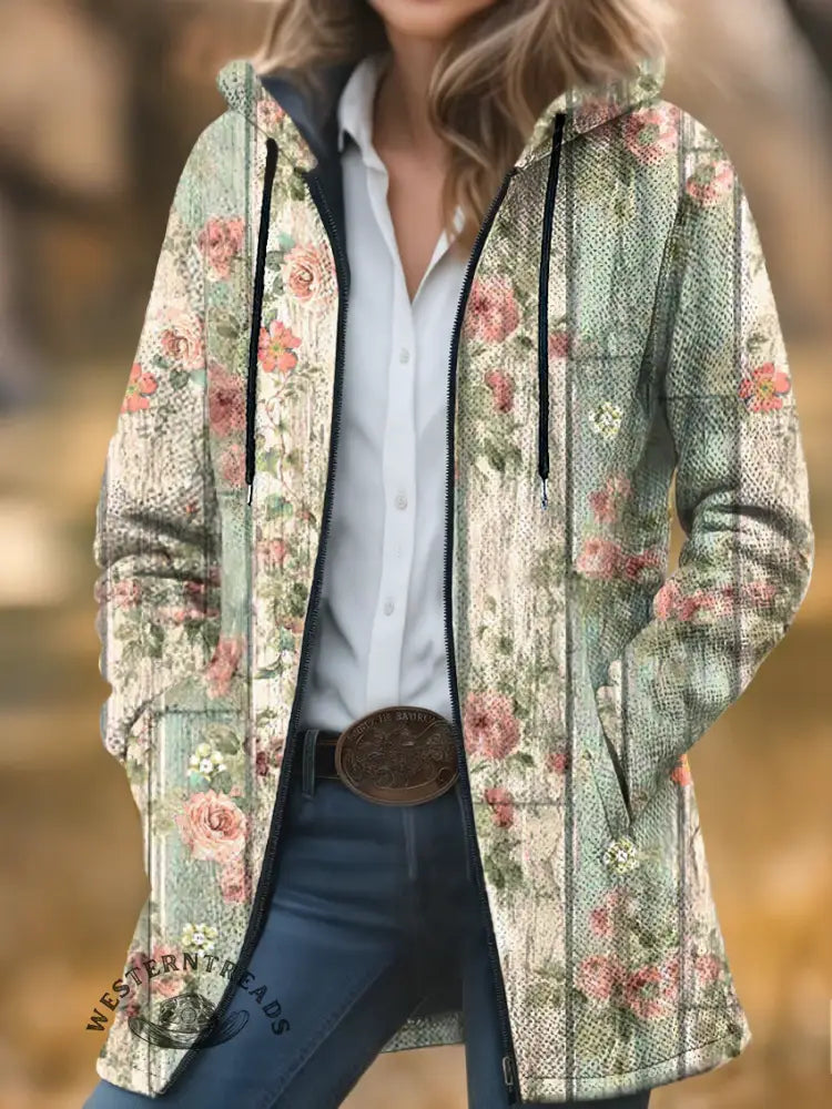 Flowers Print Unisex Plush Thick Long-sleeved Cardigan Coat