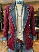 Pink Leopard Print Patchwork Denim Sweater Cardigan Coat