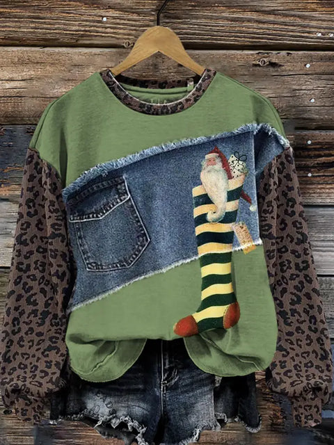Retro Santa Claus And Stockings Leopard Print Denim Patchwork Casual Cotton Sweatshirt