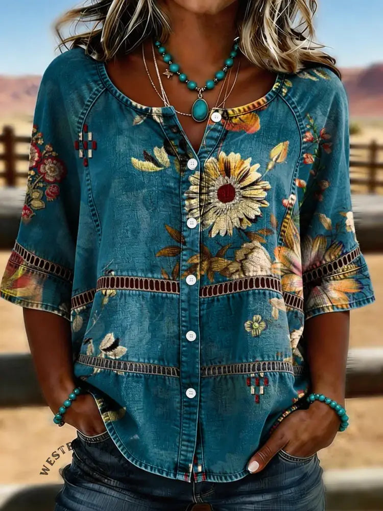 Women's Retro Floral Print Casual Hollow-out Denim Shirt