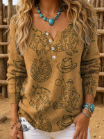 Retro Western Art Print Buttoned Cardigan Sweater