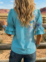 Women's Retro Floral Art Puff Sleeve Casual Shirt