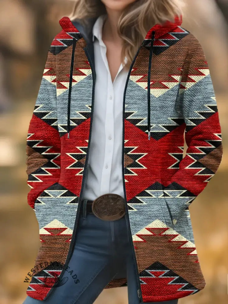 Aztec Print Unisex Plush Thick Long-Sleeved Cardigan Coat