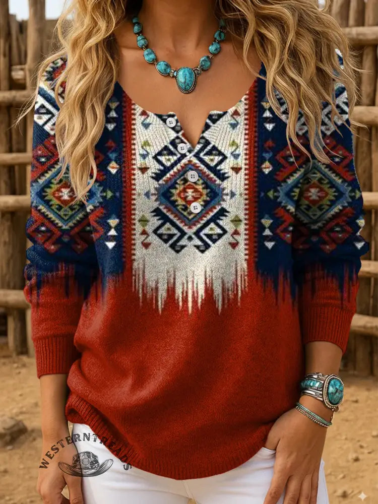 Retro Art Print Buttoned Cardigan Sweater