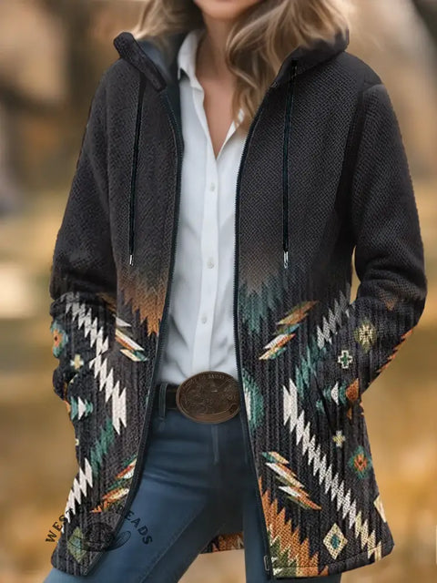 Retro Colorful Aztec Gradient Unisex Plush Thick Long-sleeved Cardigan Coat