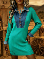 Women's Denim Patchwork Knitted Dress