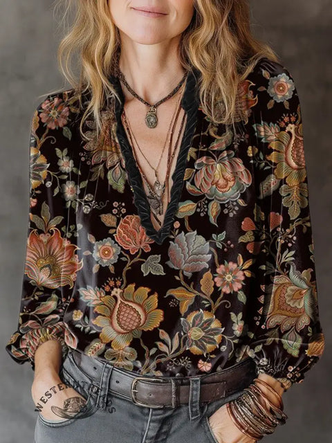 Women's retro flower Print Casual Cotton Shirt