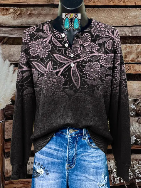 Retro Gradient Lace Visual Flower Print Buttoned Cardigan Sweater