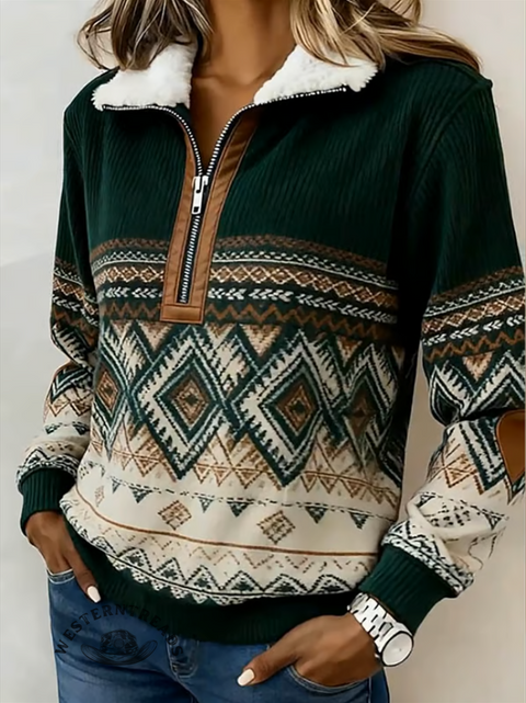 Casual Aztec Corduroy Half-zip Cotton Sweatshirt