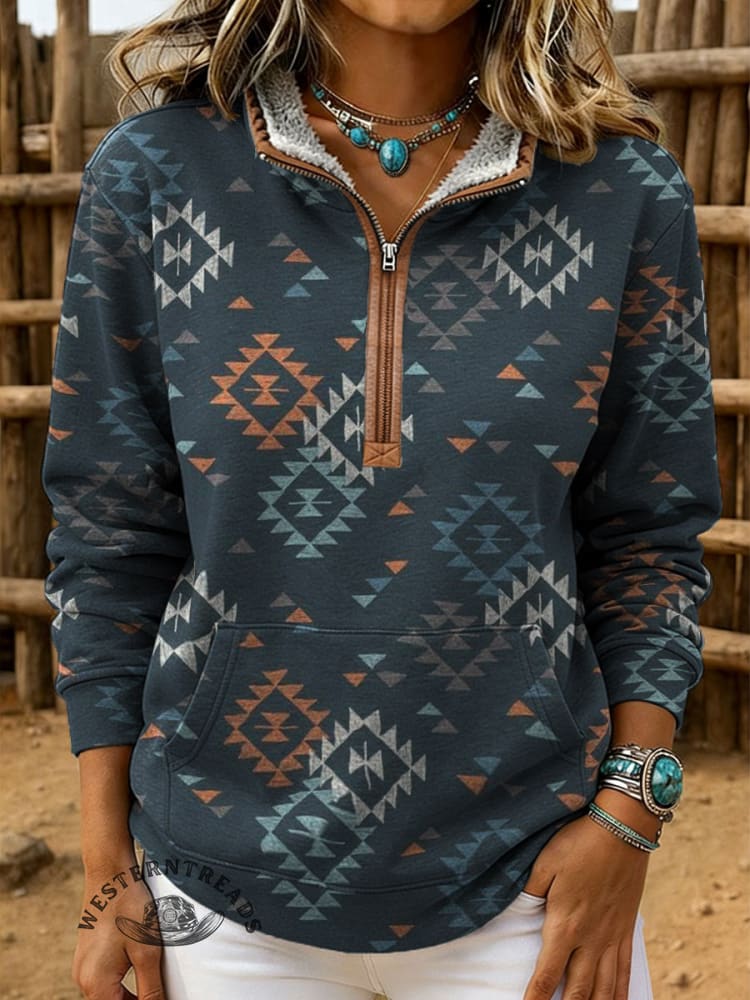 Retro Aztec Print Casual Half-zip Cotton Sweatshirt